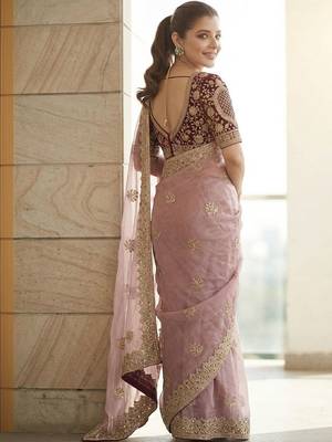 Lavender embroidered zari sequinned saree with stitched blouse 3