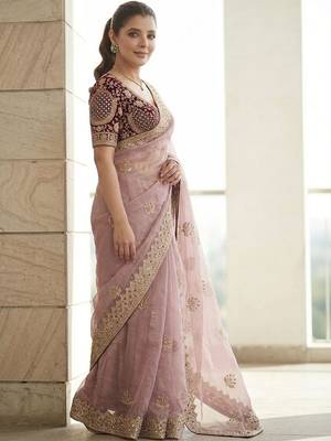 Lavender embroidered zari sequinned saree with stitched blouse 4