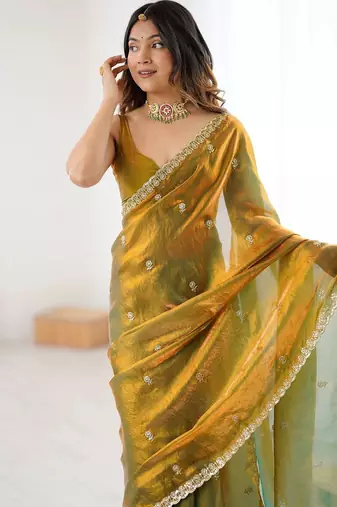 Olive floral embroidered tissue designer saree