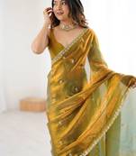 Olive floral embroidered tissue designer saree