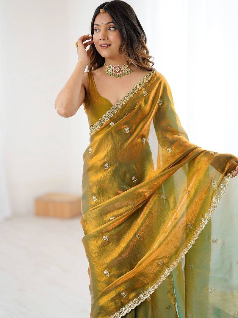 Olive floral embroidered tissue designer saree