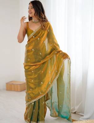 Olive floral embroidered tissue designer saree 2