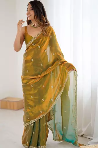 Olive floral embroidered tissue designer saree