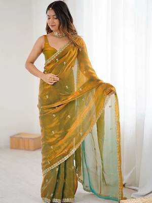 Olive floral embroidered tissue designer saree 3