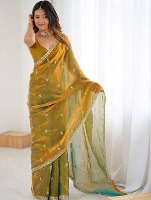 Olive floral embroidered tissue designer saree 4