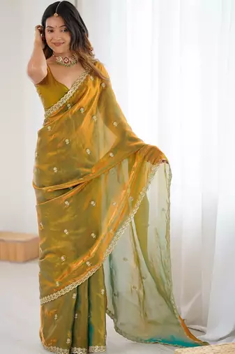 Olive floral embroidered tissue designer saree