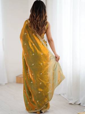 Olive floral embroidered tissue designer saree 5
