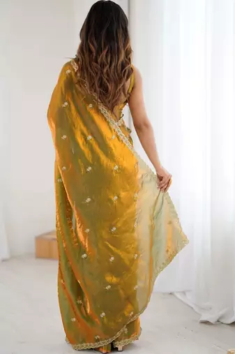 Olive floral embroidered tissue designer saree
