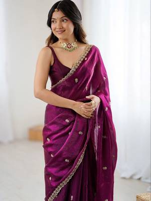 Purple floral embroidered tissue designer saree 1