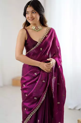 Purple floral embroidered tissue designer saree
