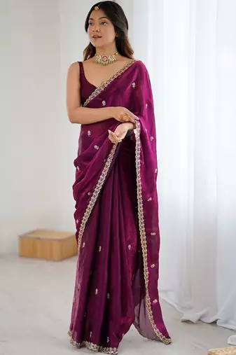 Purple floral embroidered tissue designer saree