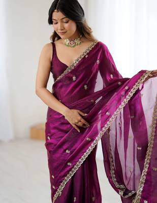 Purple floral embroidered tissue designer saree 3