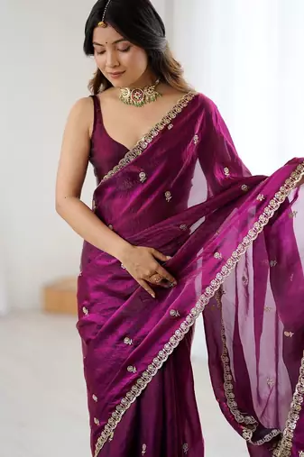 Purple floral embroidered tissue designer saree