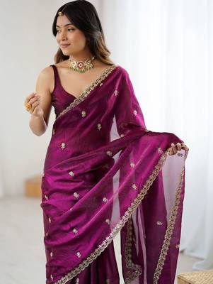Purple floral embroidered tissue designer saree 4