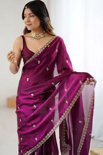 Purple floral embroidered tissue designer saree