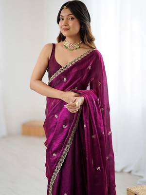 Purple floral embroidered tissue designer saree 5
