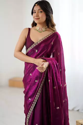 Purple floral embroidered tissue designer saree