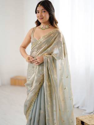 Grey floral zari tissue designer saree 1