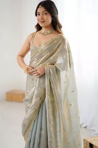 Grey floral zari tissue designer saree