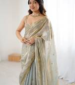 Grey floral zari tissue designer saree