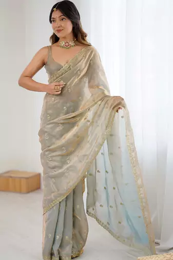 Grey floral zari tissue designer saree