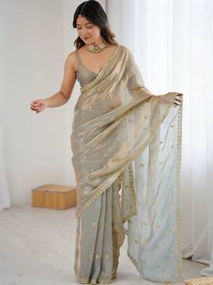 Grey floral zari tissue designer saree 3