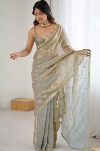 Grey floral zari tissue designer saree