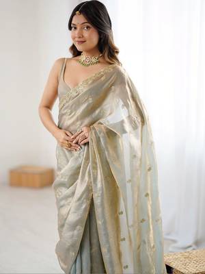 Grey floral zari tissue designer saree 4