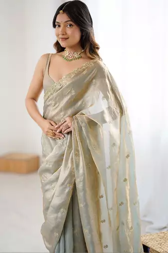 Grey floral zari tissue designer saree