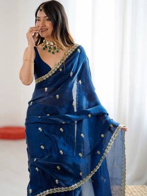 Blue floral embroidered tissue designer saree 1