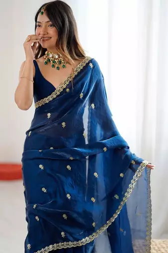 Blue floral embroidered tissue designer saree