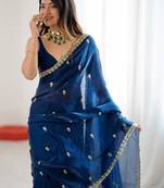 Blue floral embroidered tissue designer saree