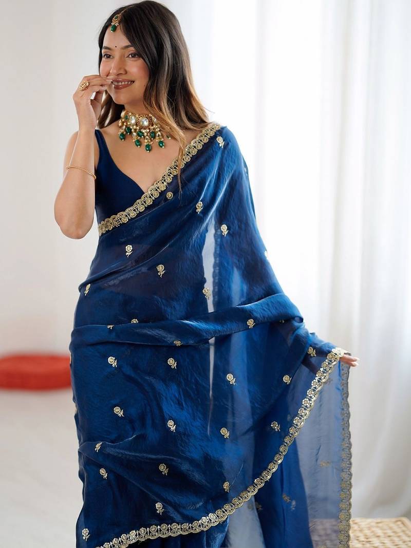 Blue floral embroidered tissue designer saree