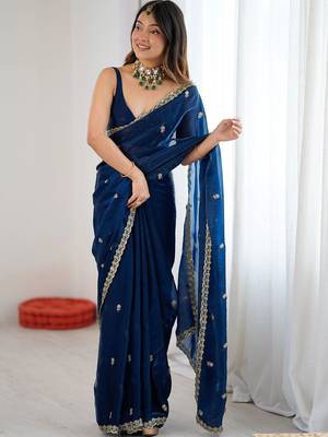 Blue floral embroidered tissue designer saree 2