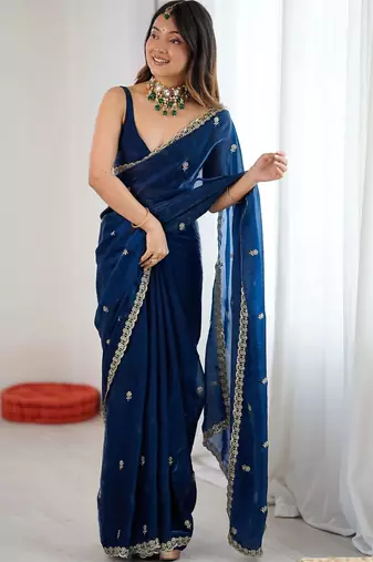 Blue floral embroidered tissue designer saree