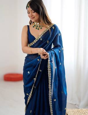 Blue floral embroidered tissue designer saree 3