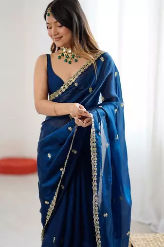 Blue floral embroidered tissue designer saree