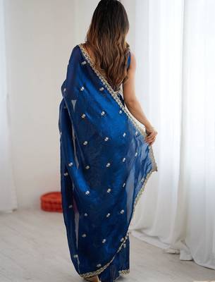 Blue floral embroidered tissue designer saree 4