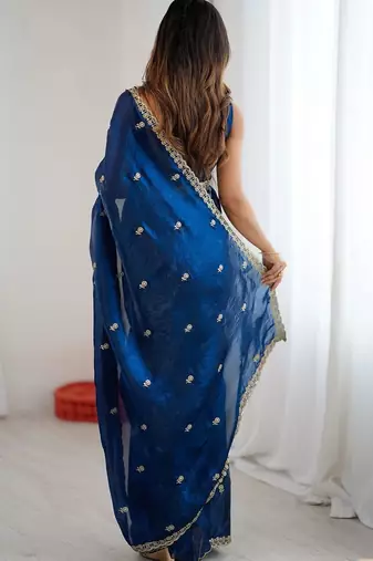 Blue floral embroidered tissue designer saree