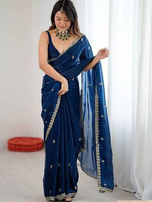 Blue floral embroidered tissue designer saree 5
