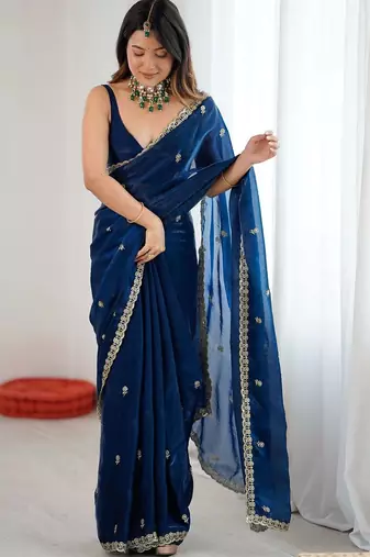 Blue floral embroidered tissue designer saree