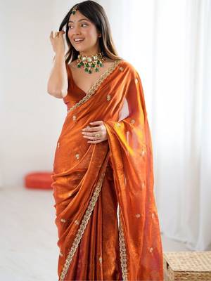 Orange floral embroidered tissue designer saree 1