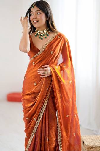 Orange floral embroidered tissue designer saree