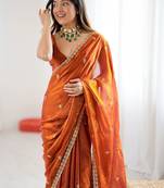 Orange floral embroidered tissue designer saree
