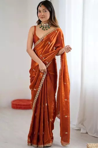 Orange floral embroidered tissue designer saree