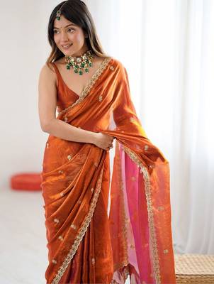 Orange floral embroidered tissue designer saree 5