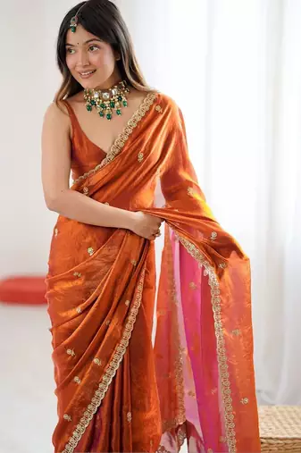 Orange floral embroidered tissue designer saree