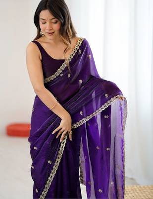 Purple floral embroidered tissue designer saree 1