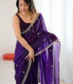 Purple floral embroidered tissue designer saree
