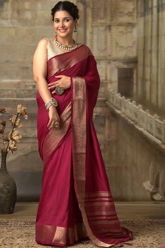 Maroon zari woven border saree